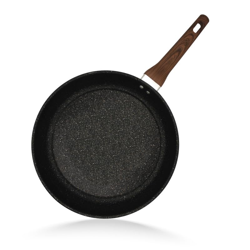 Non-Stick Frying Pan with Wooden Handles (30 cm) Suitable for Induction, Electric and Gas Hobs | Stone Frying Pan | Anti-Scratch Pans