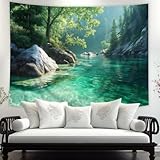 Riyidecor ネイチャータペストリー 80Wx60H インチ 森林 木 グリーン 森 山 湖 風景 農家 田舎風 壁掛け ニュートラル ユニ 男性 女性 ホーム 寮 装飾 アート リビングルーム 寝室