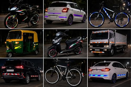 Image of WALLMATE Dual Shade Reflective Radium Strip Waterproof Self Adhesive, Safety Sticker, Night Glow Tape for Helmet, car, Scooter & Cycle Decoration (Blue-Silver, 0.5 In x 45 Mtr (1771 in) (PCK OF 2)