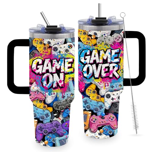 TNASURHUS Gaming Gamer Gifts for Men, Video Game 40oz Tumbler with Handle, Gamings Gamepad Bottle for Adults, Birthday Gifts Gaming Mugs for Gamer Room Decor for Son, 1PCS