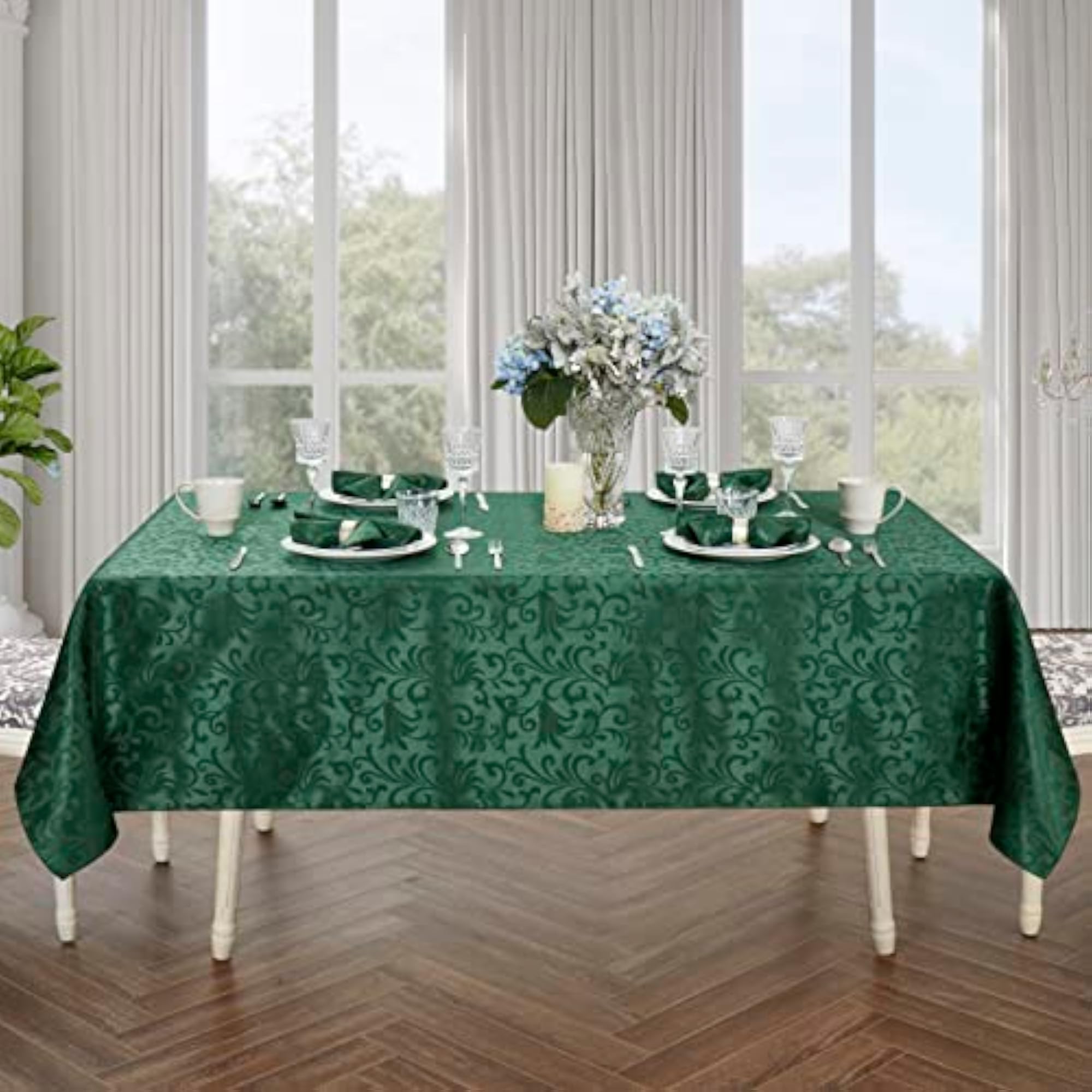 Scroll Damask Jacquard Rectangle Green Tablecloth