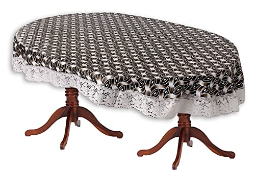 Image of The Furnishing Tree Waterproof PVC Oval Shaped 4 to 6 Seater Table Cover WxL 54x78 inches Interlocked Ropes Pattern Grey with White Border lace