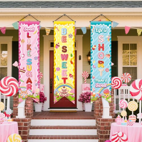 Image of Chiisong 3 Pcs Candyland Party Decorations Sweet Candy Banners Donut Lollipop Porch Sign Candy Land Hanging Flags Photo Props Backdrop Supplies for Outdoor Door Wall Yard Birthday Baby Shower