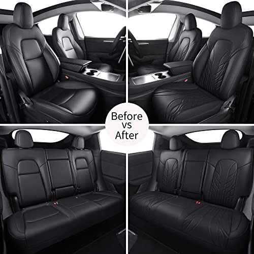 Huidasource Upgrade Tesla Model Y Seat Cover, Full Coverage Leather Front&Rear Tesla Car Seat Cover,Waterproof Seat Cushion Protector Fit For Tesla Model Y 5 Seater Version 2020-2023(Full Set/Black) #TOP6