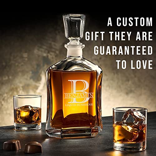 Personalized Etched Glass 23oz Whiskey Decanter, Custom Engraved Fathers Day Gift, Retirement, Anniversary, Housewarming, Customized Bourbon Gifts for Men, Scotch Birthday,Him, Dad, OG Halpert