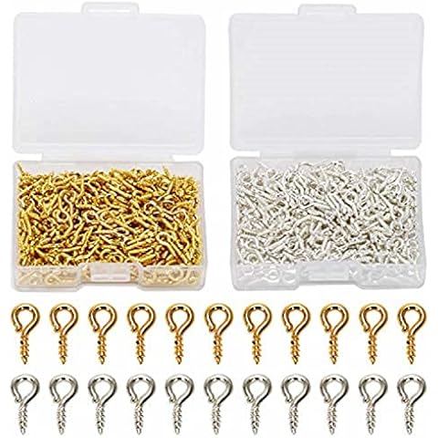 Coolrunner 600pcs Small Screw Eye Pins, 10mm x 4.5mm Eye pins Hooks, Eyelets Screw Threaded Silver Clasps Hooks Eye Screws for Arts DIY Making (Gold+Sliver) Cover