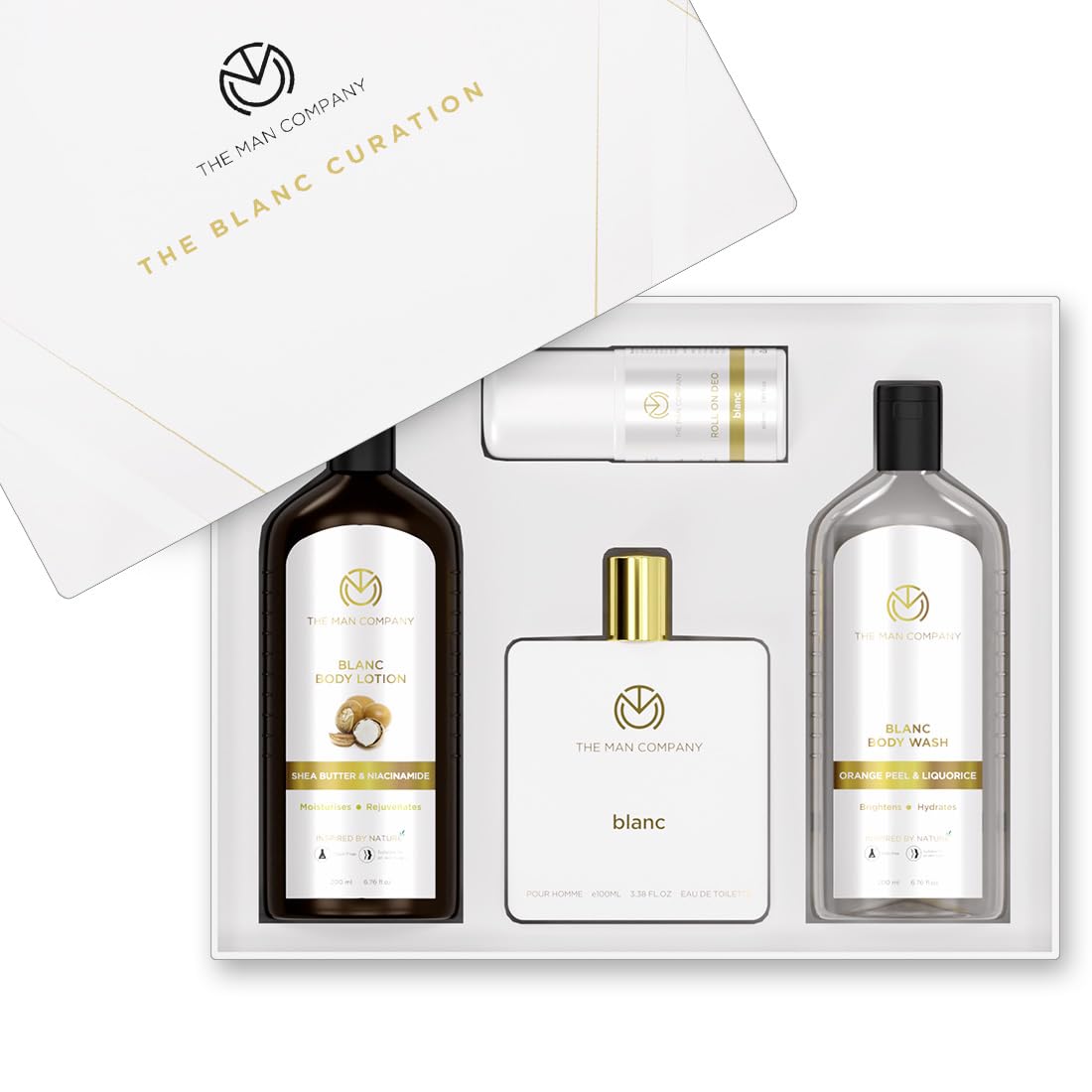 The Man Company Blanc Gift Box for Men with Blanc Perfume, Roll on Deo, Body Lotion & Body Wash | Long-Lasting Fragrance For Men | Moisturizes, Rejuvenates | Luxury Gift set for Him