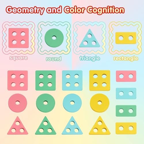 Image of SHINETOY Montessori Toys for 1-3 Year Old Boys Girls Toddlers, Wooden Sorting & Stacking Toys for Kids Preschool, Educational Building Blocks, Color Recognition Stacker Shape, 16 pcs
