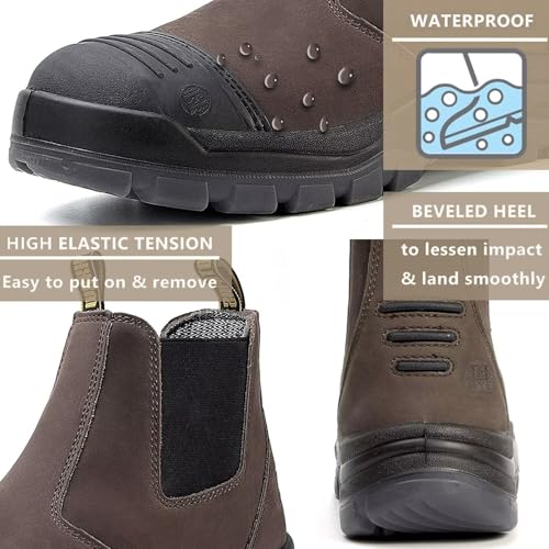 Men’s Work Boots Soft/Steel Toe, Slip-On Chelsea Safety Boots, Water Resistant Anti-Static Puncture-Proof Nubuck Leather, TPU Sole, Slip & Oil Resistant, D/EE Width2