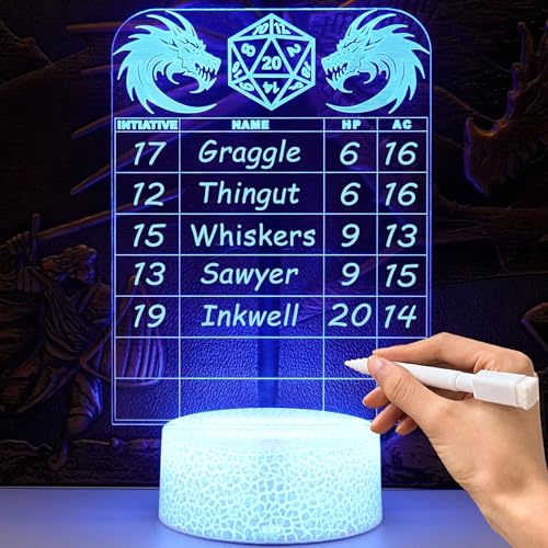 DND Initiative Tracker for DM, Unique Erasable Acrylic Light with Pen, Fantasy D&D Combat Health Tracker, Dungeon Master Tool for Dungeons and Dragons 5e Gifts Pathfinder Tabletop RPG Accessories