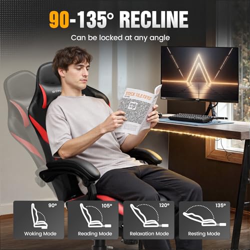 GTRACING Gaming Chair with Foot Rest & Pocket Spring Cushion, Ergonomic High Back Computer Chair with Headrest & 360°-Swivel Seat for Home Office Desk, PU Leather, Red