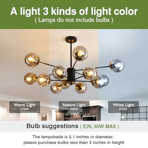 Image of 12 Light Chandelier Mid Century Glass Globe Sputnik Pendant Light Fixture Black Ceiling Light for Living Room Kitchen Dining Room Bedroom Farmhouse.