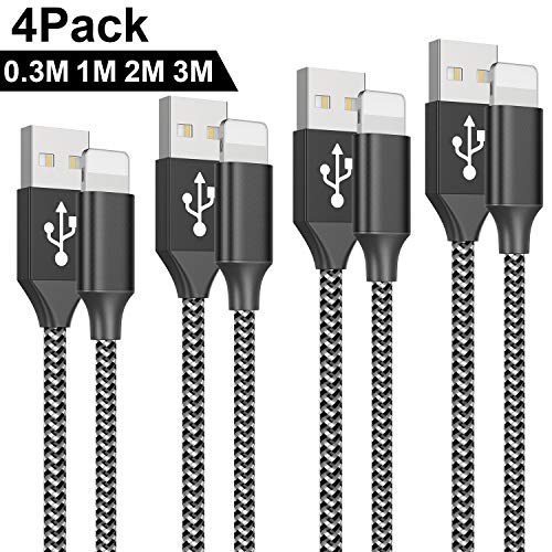 QGhappy Cable Cargador Phone, [4Pack/0.3M 1M 2M 3M] Nylon Trenzado Duradero Cable de Carga Rápida Compatible con Phone 11/11Pro/11Pro MAX/X/XS MAX/XR/8/8 plus/7/7 plus/6s/6s plus/6/6 plus/SE/5s/5c