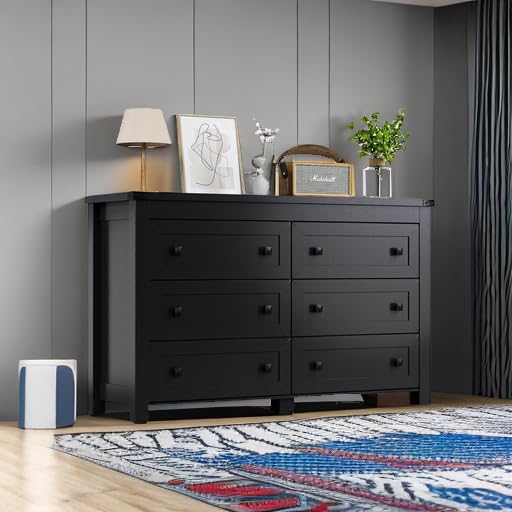 Image of HUANLEGO Black Dresser for Bedroom with 6 Drawers, Modern Chest of Drawers, Wood Dressers Bedroom Furniture Wide Storage Organizer, 6 Drawer Dresser for Closet, Living Room, Hallway