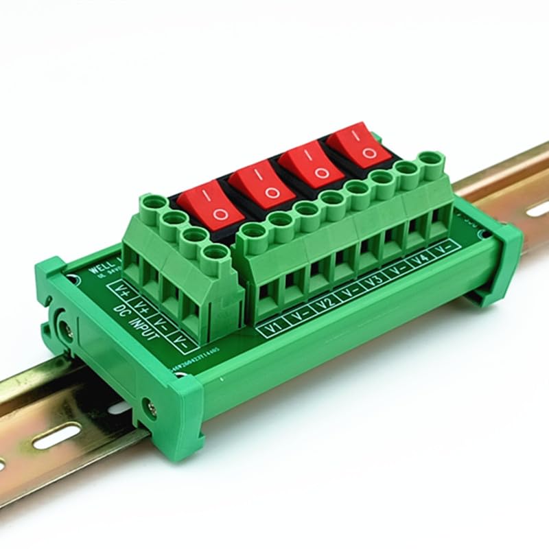DIN Rail Mount 4 Channel Red Rocker Switch DC Power Distribution Strip Module.