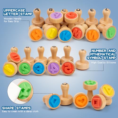 Image of Alphabet Number Stamps for Kids, Wooden ABC Spelling Toddler Stamps Set | Flashcard Mathematics Number Stampers Arts & Crafts Supplies, Alphabet Learning Toys for 3 4 5 Year Old