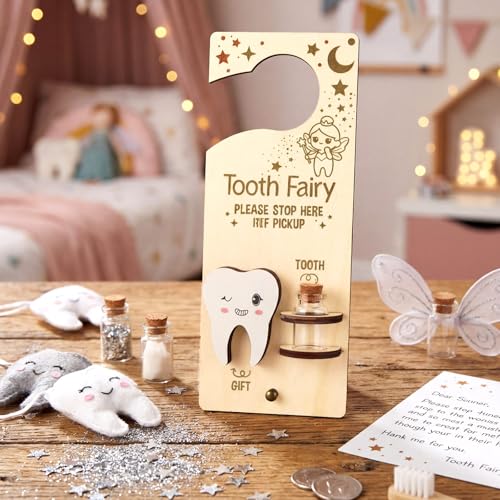 Image of DoubleFill Fairy Tooth Gift Holder Bag Door Hanger Lost Teeth Keepsake Box Tooth Fairy Kit Stores Back to School Gift for Lost Teeth Boy Girl Primary School Classroom Gifts(Fresh,Natural Wood Color)