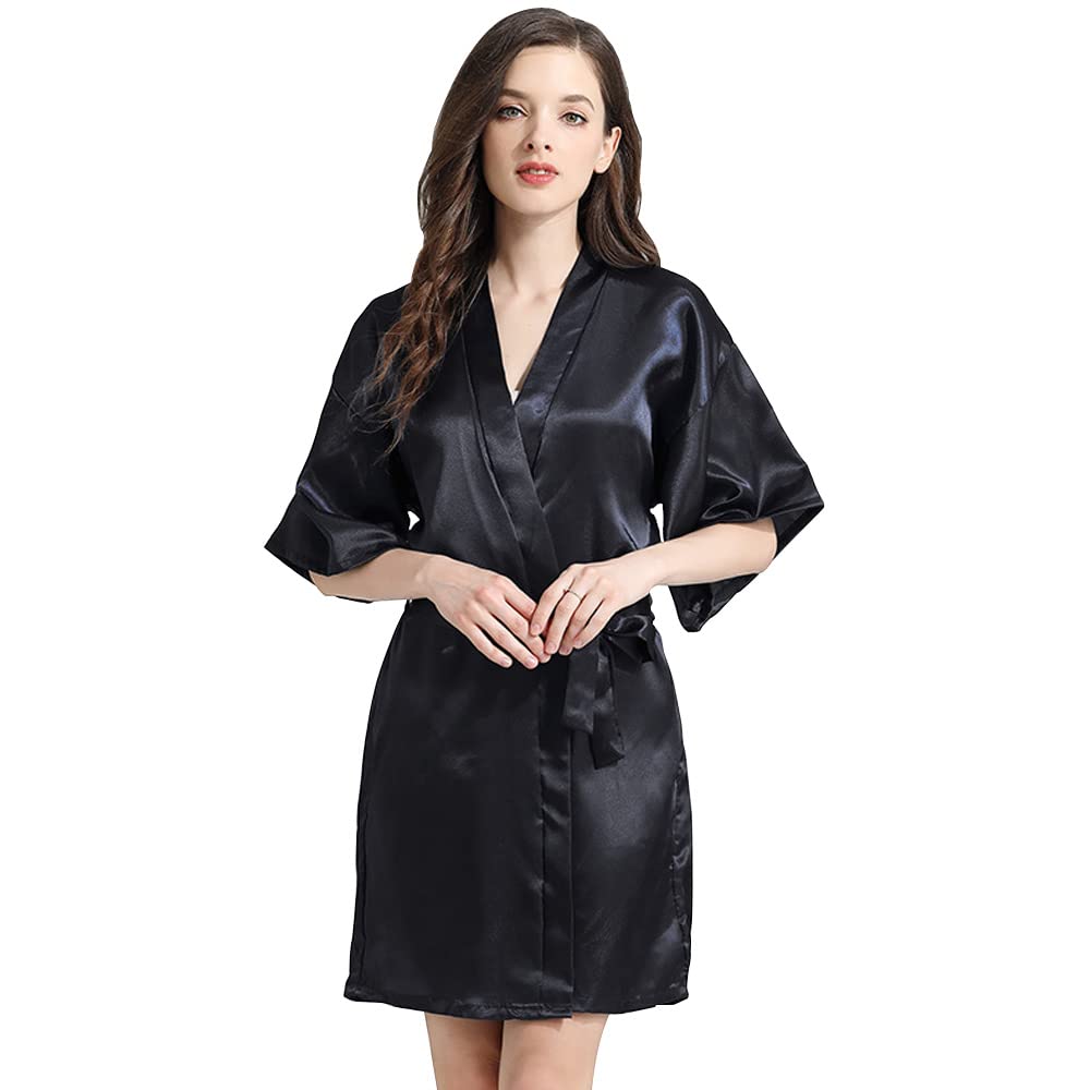 TOEECY Bata de Mujer de Satén Sexy Cuello en V Corto Kimono Batas Pijama Novia Boda de Seda Vestido de Ligero Suave Albornoz Cómodo con Cinturón de Raso