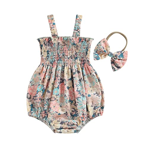 Image of Infant Baby Girl Summer Outfit Clothes Sleeveless Smocked Cotton Linen Romper with Headband