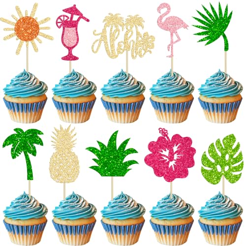 Gyufise 30Pcs Tropical Aloha Luau Cupcake Toppers Glitter Palm Tree Flower Turtle Leaves Flamingo Pineapple Cupcake Picks Summer Hawaiian Tropical Luau Aloha Theme Birthday Party Supplies Multicolor
