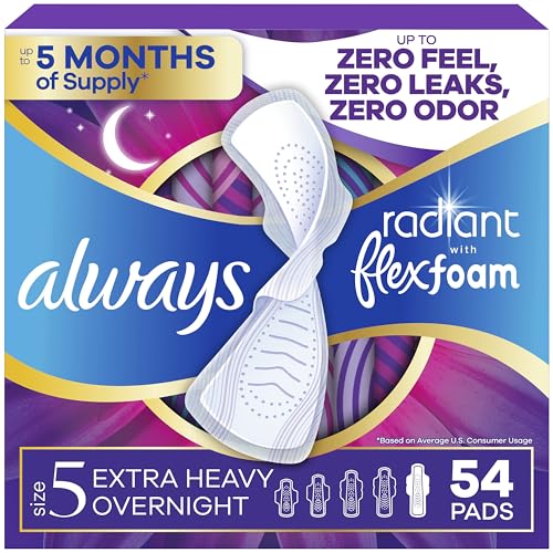 Always Radiant Feminine Pads for Women Flexfoam Pads with Wings Size 5 Extra Heavy Overnight Absorbency Lightly Scented 54 Count (3 Packs of 18)