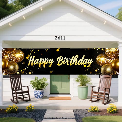 Image of Nuxovilar Happy Birthday Gold Balloon Banner 79x18in Polyester Backdrop | Birthday Party Supplies, Birthday Party Decor. Gold Balloon Banner. Yard, Room, Patio. (Gold Balloon Pattern)