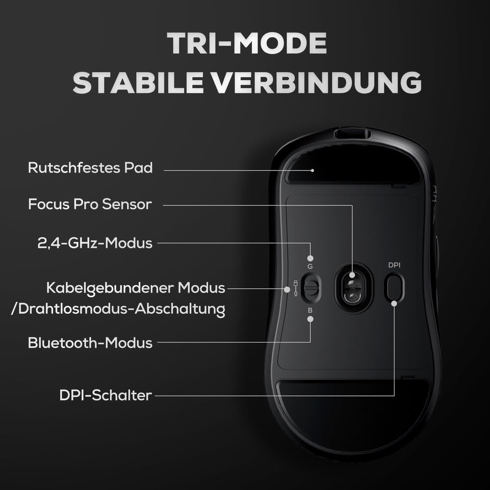 RK ROYAL KLUDGE M3 Wireless Gaming Mouse mit PAW3950 30K DPI Sensor, 47g Lightweight Maus Gaming, 8K Polling, Kabelgebunden/2.4G/BT Wireless Mouse, 650mAh, 5 programmierbare Tasten, Schwarz