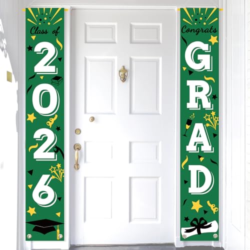 Image of Graduation Porch Banner Class Sign Congrats Grad Hanging Flags High School College University Party Decoration For Front Door Outdoor Green White