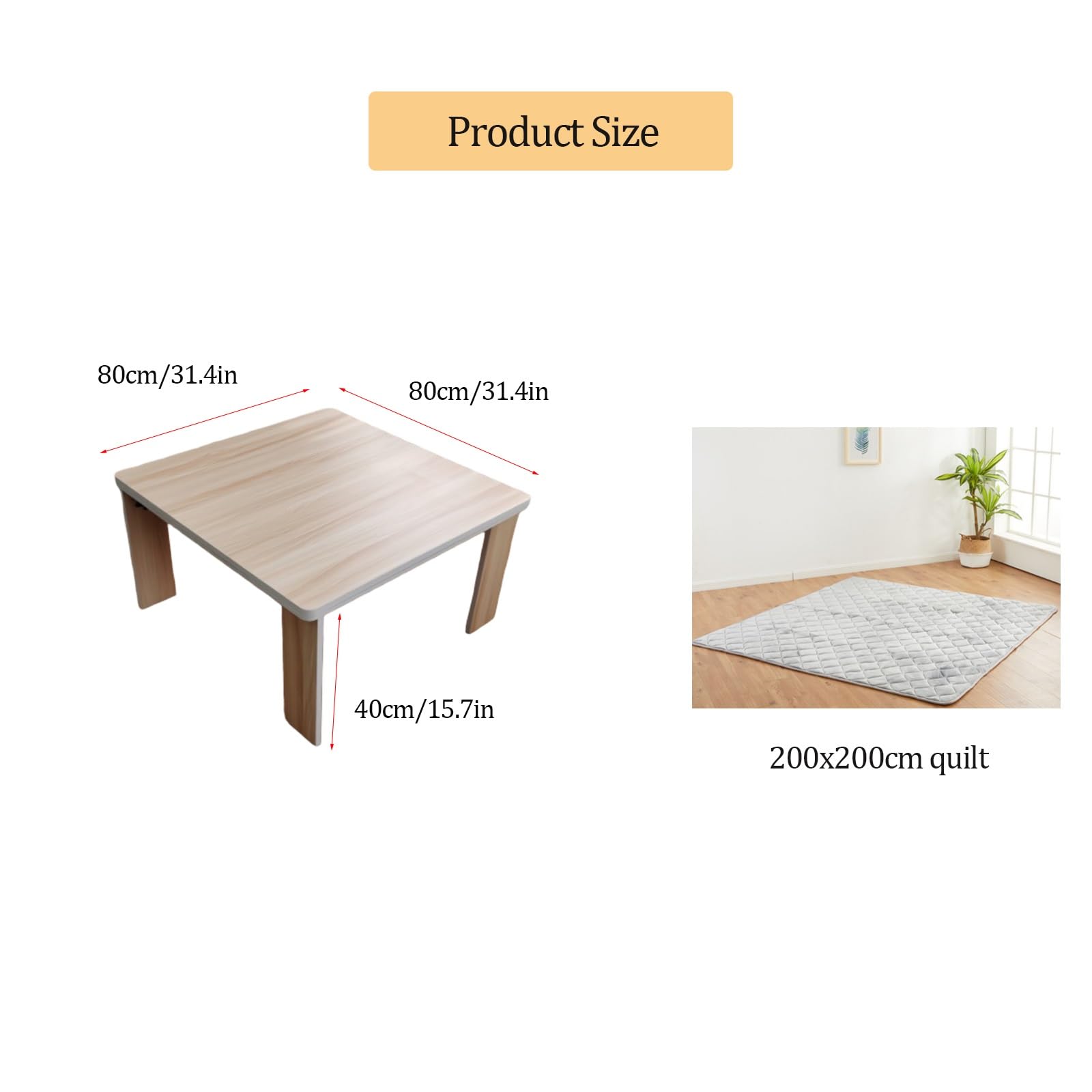 Juego de Mesa Kotatsu Plegable, Mesa de Suelo Japonesa con Calentador eléctrico y Manta, Calentador para pies, para Cuatro Estaciones, marrón, 80 x 80 x 40 cm