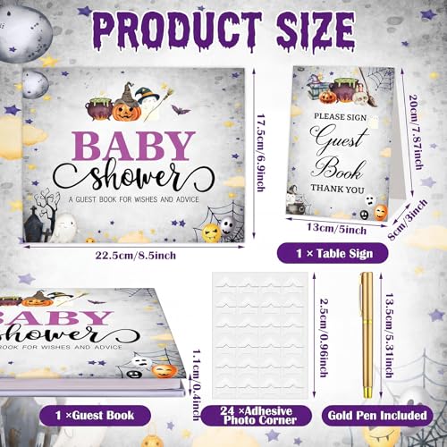 Image of Fuyoooo 27 Pcs Halloween Baby Shower Guest Book Baby Shower Sign in Guest Book Reception with Sonogram Page Keepsake Includes Gold Pen Table Card and Adhesive Photo Corner for Birthday
