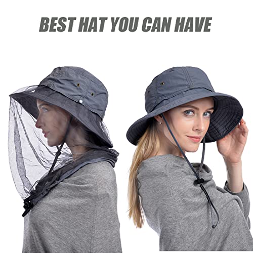 Image of USHAKE Head Net Hat, Safari Hat Sun Hat Bucket Hat with Hidden Net Mesh
