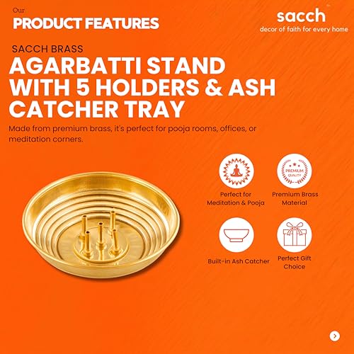 Image of SACCH Pure Brass Agarbatti Stand with 5 Holes Wide Ash Catcher Tray | Mess-Free Incense Holder for Pooja & Gifting