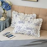 Pillow Shams Set of 2 Classic French Village Printed Linen Fabric Decorative Pillow Cases Retro Ruffle Flounces Trim for Home Bedroom Decor Pillow Covers Blue Standard 20x26 Inches