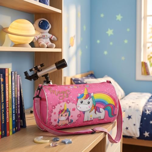 Image of Kids Unicorn Duffle Bag for Girls | Pink Magic Rainbow Barrel Travel Bag | Lightweight Polyester Shoulder Bag for School, Gym, Swimming, Dance, Picnic & Weekend Trips | Age 3-12 Years (Unicorn)