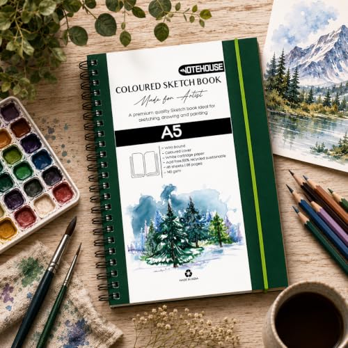 Image of NOTEHOUSE A5 Portrait Spiral Sketchbook (14x21 cm) | 96 Unruled White Thick Pages | Professional Drawing Notebook | Green Hard Cover Art Book for Artists & Students