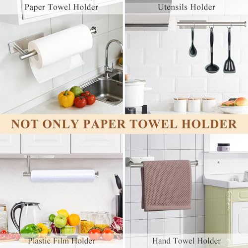 Image of Paper Towel Holder Under Cabinet, Self Adhesive Paper Towel Roll Holder Stick on Wall, Stainless Steel Towel Bars for Kitchen, Bathroom, RV