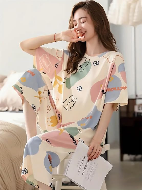 Image of Lunza Women's Cotton Pajama Set with Top & Pants|| Korean Night Suit|| Lightweight Printed Set || Soft & Comfy Sleepwear for Girls & Women