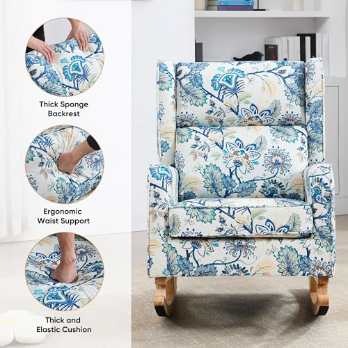 Image of HCHAIRH Rocking Chair Nursery for Mom Nursery Rocker with High Backrest and Solid Wood Legs, Modern Wingback Accent Chair for Bedroom Reading Living Room, Blue Floral