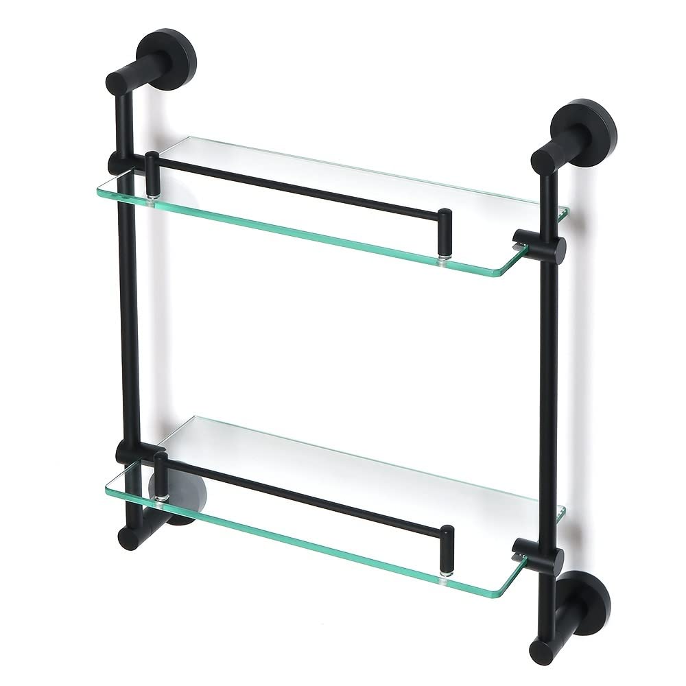 Floating Shelves Shower Caddy Bathroom Shelf Shower Caddy Double-Layer Shower Glass Shelves Wall Mount Storage Rack Black Bathroom