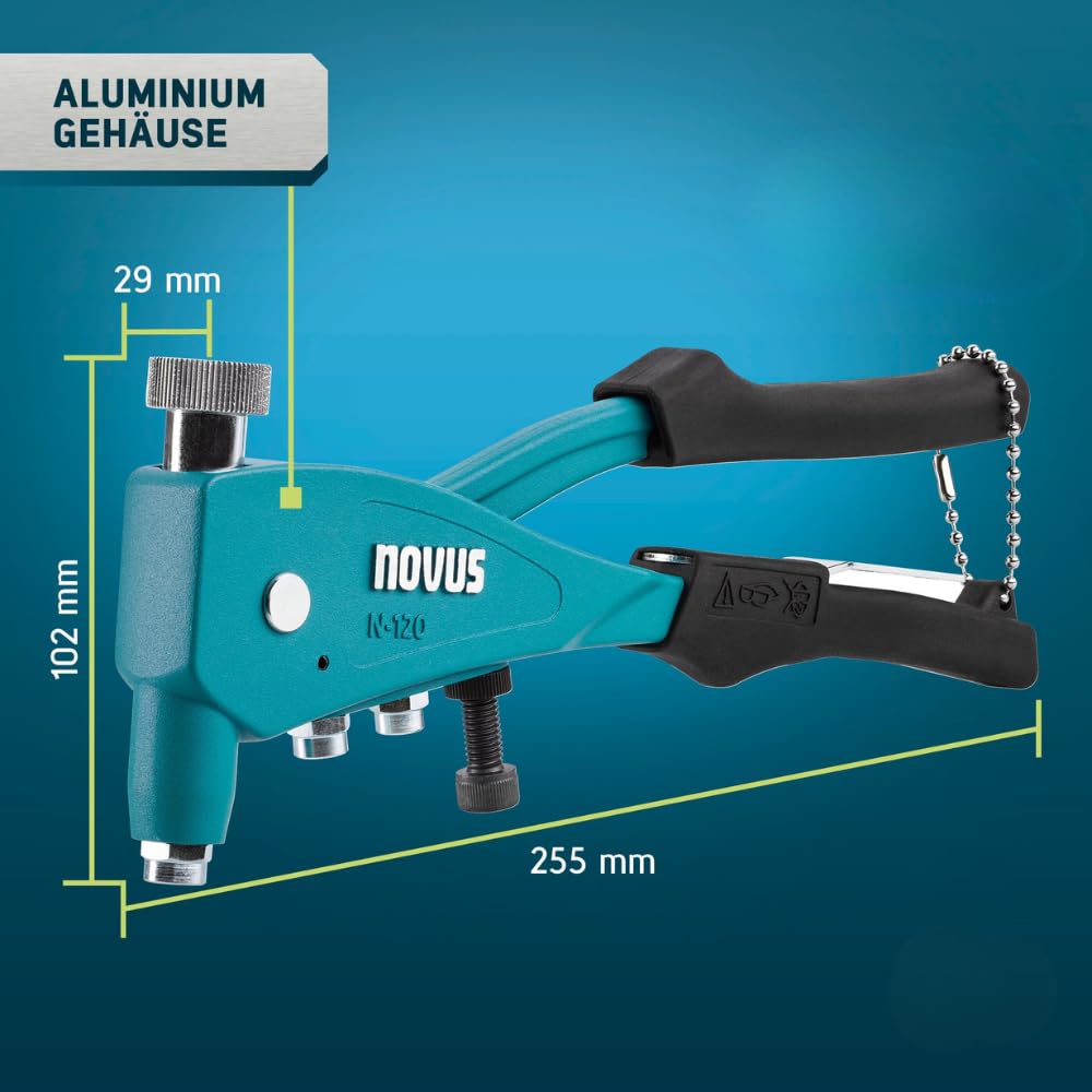 NOVUS TOOLS Juego de 40 tuercas de remache ciego N-120, alicates profesionales universales con cabeza de precisión, boquillas M4/M5/M6 integradas con mandril roscado, para aluminio o acero