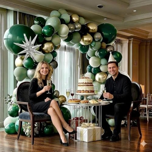 Image of Emerald Green Gold Balloons Dark Green Silver Gold Balloon Arch Dusty Green Balloon Garland Kit for Graduation Birthday Wedding Anniversary Party Decorations