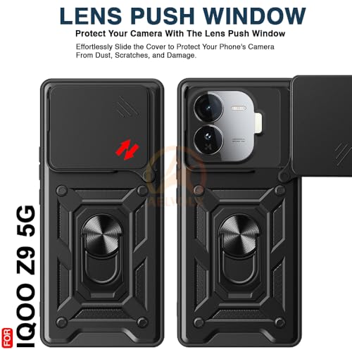 Image of AESTMO Tough Armor Compatible with iQOO Z9 5G Bumper Back Case Cover | Ring Holder & Sliding Camera Shield Cover | 360 Degree Protection Back Case Cover Compatible with iQOO Z9 5G (Black)