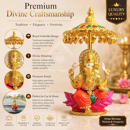 Image of Lord Ganesha Car Dashboard Idol & Crystal Stones Hindu God Ganpati.Believed to Protect and Bless Travelers on Their Journeys. (Umbrella Colour)