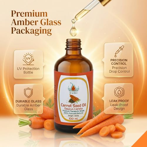 Image of KUNJ Carrot Seed Oil 100ml | 100% Pure & Natural Cold Pressed Oil | Undiluted Beauty Oil for Glowing Skin, Face Nourishment, Skin Hydration & Daily Skincare Use