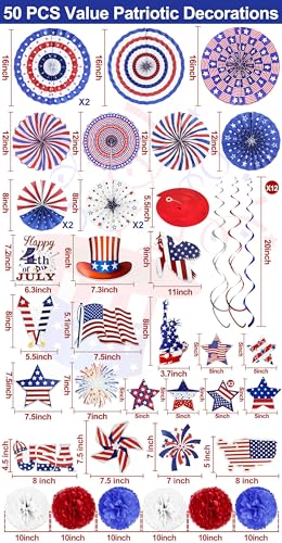 Image of 50 PCS 4th of July Patriotic Decorations in 33 Designs Red White Blue Decoration Paper Fans Pom Poms Flowers Hanging Swirls with Americans Flag Stars Memorial Day Independence Day Party Decor Favors