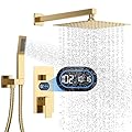 Shower Faucet Set with Hydro Power Temperature Display, Shower System Bathroom 12 Inches Shower Head with Handheld Spray, Wall Mounted Shower Fixtures with Shower Valve and Trim Kit, Brushed Gold