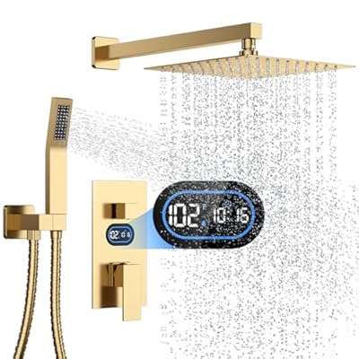 Shower Faucet Set with Hydro Power Temperature Display, Shower System Bathroom 10 Inches Shower Head with Handheld Spray, Wall Mounted Shower Fixtures with Shower Valve and Trim Kit, Brushed Gold