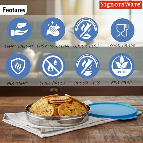 Image of SignoraWare Stainless Steel Small Khakra Box /Container | Airtight & Leakproof | Compact & Stylish Design for Kitchen & Travel Use | Ideal for Khakhra, Snacks & Dry Fruits (1.6 LTR | TBlue)