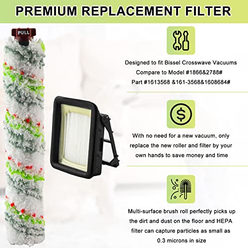 2306A 1785 Pet Pro Replacement Parts for Bissell Crosswave Roller Brush and for Crosswave Replacement Filter Compare to Part # 1613568 161-3568 1608684 LUXRILIX