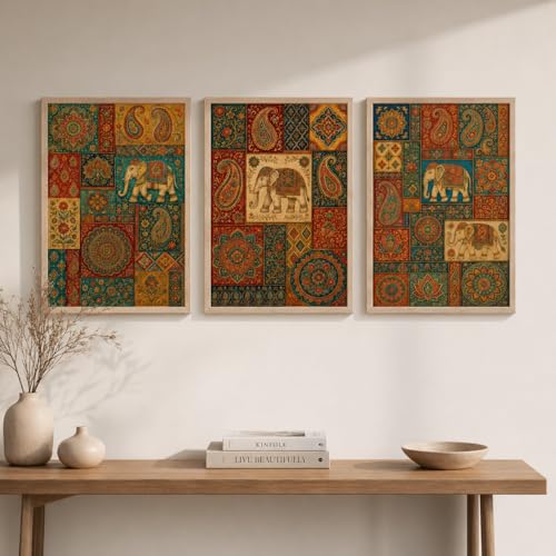 Image of Livin'luxe Set of 3 Rajasthani Elephant Patchwork Wall Paintings for Living Room Bedroom Home Decor with Premium Wooden Color Synthetic Frame (25.5 x 19.5 Inch) NM03-63